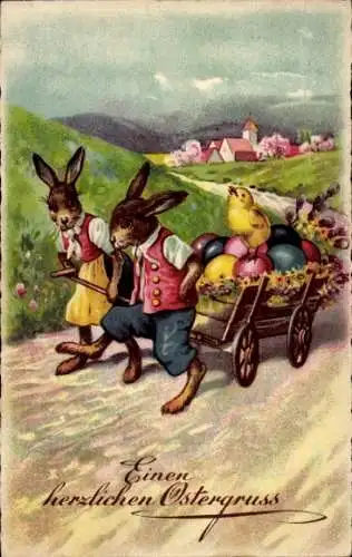 Ak Glückwunsch Ostern, Vermenschlichte Hasen ziehen einen Karren mit Ostereiern