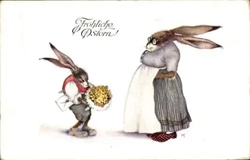 Künstler Ak Frohe Ostern, Osterhasen, Hasenfrau, Hasenkind mit Blumenstrauß, BKWI 4620-3