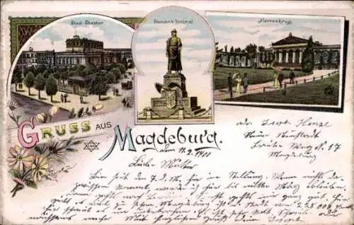 Litho Magdeburg an der Elbe, Stadt-Theater, Bismarck-Denkmal, Herrenkrug