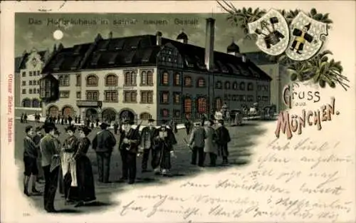 Mondschein Litho München, Das Hofbräuhaus in seiner neuen Gestalt, Passanten, Wappen