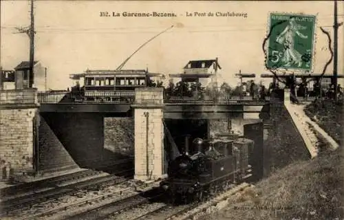 Ak Garenne Bezons Hauts de Seine, Brücke nach Charlebourg, Zug, Straßenbahn