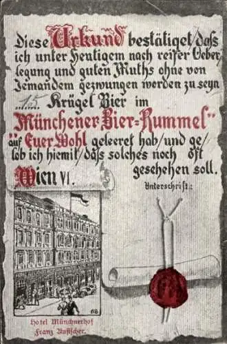 Ak München Bayern, Urkunde, Hotel Münchnerhof, Franz Aufischer