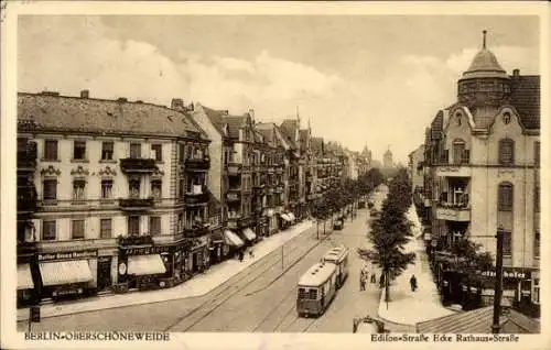 Ak Berlin Köpenick Oberschöneweide, Edisonstraße Ecke Rathausstraße, Geschäfte, Straßenbahn