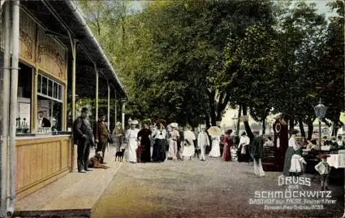 Ak Berlin Köpenick Schmöckwitz, Gasthof zur Palme, H. Peter, Biergarten, Terrasse, Gäste, Bar