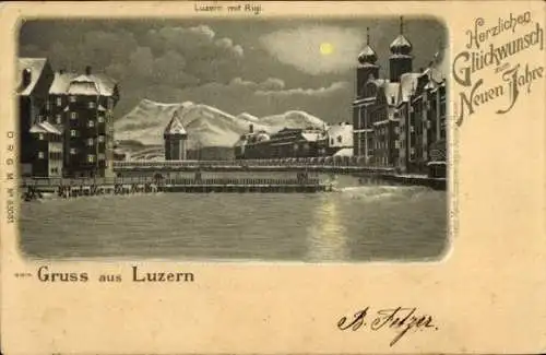 Litho Luzern Stadt Schweiz, Teilansicht, Rigi, Winter, Neujahr