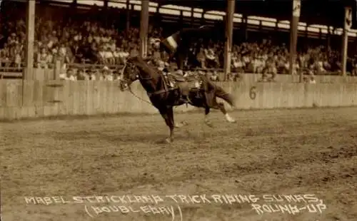 PC Mabel Strickland trick riding Sumas, Round-Up