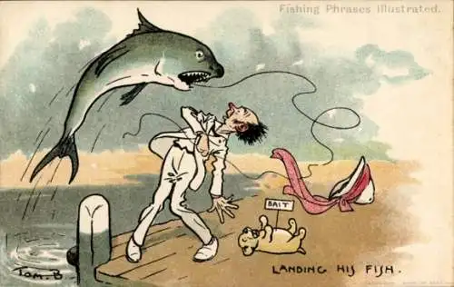 Künstler Litho Browne, Tom, Angler fängt weißen Hai, Humor