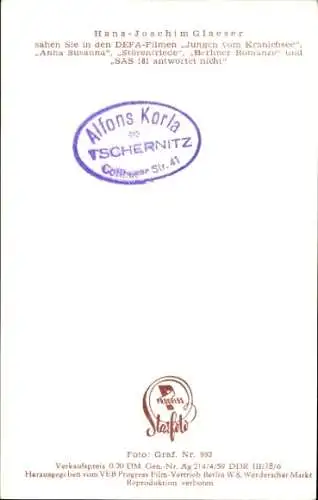 Ak Schauspieler Hans Joachim Glaeser, Portrait, Film Die Jungen von Kranichsee