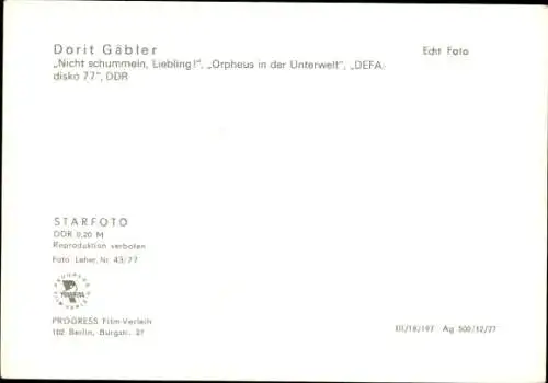 Ak Schauspielerin Dorit Gäbler, Portrait, Film Nicht schummeln Liebling