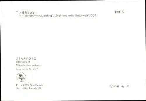 Ak Schauspielerin Dorit Gäbler, Portrait, Film Nicht schummeln Liebling