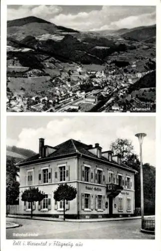 Ak Zell im Wiesental, Fliegeraufnahme, Bahnhof-Hotel