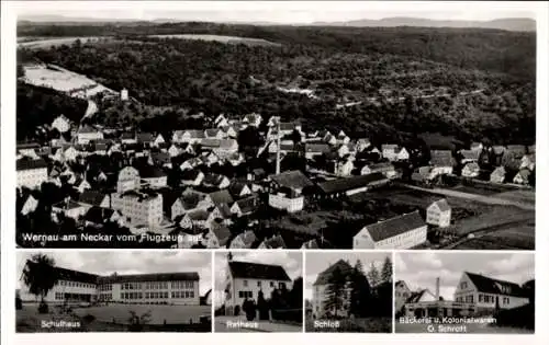 Ak Wernau am Neckar, Fliegeraufnahme, Schulhaus, Rathaus, Schloss, Kolonialwarenhandlung