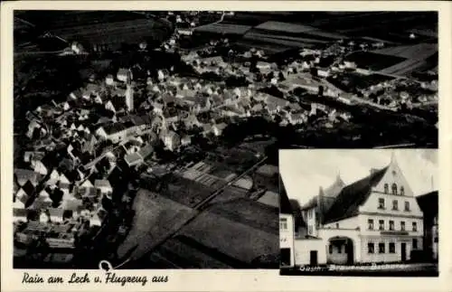 Ak Rain am Lech in Schwaben, Gasthaus und Brauerei, Fliegeraufnahme