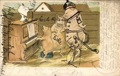 Litho Vermenschlichte Schweine, Ferkel am Klavier