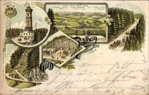 Litho Annaberg Buchholz Erzgebirge, Gruß vom Pöhlberg, Aussichtsturm, Aufstieg, Sandwerk