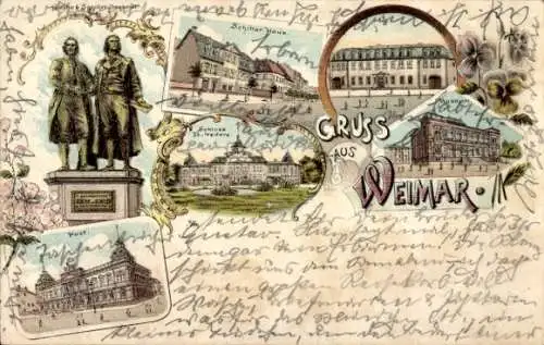 Litho Weimar in Thüringen, Schloss Belvedere, Post, Museum, Schillerhaus, Goethehaus, Denkmal