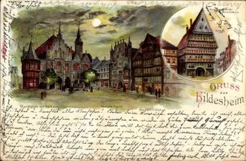 Litho Hildesheim in Niedersachsen, Markplatz, Rathaus, Wedekindhaus