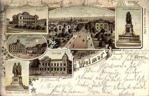 Litho Weimar in Thüringen, Schiller und Goethe Denkmal, Museum, Postamt, Markt, Rathaus