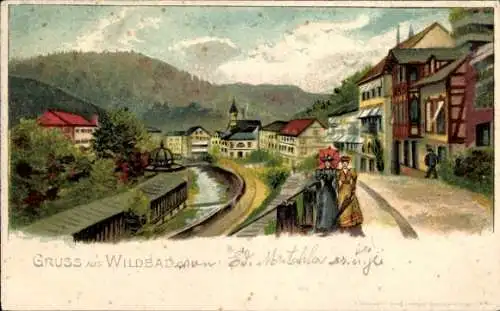 Litho Bad Wildbad im Schwarzwald, Ortspartie, Häuser