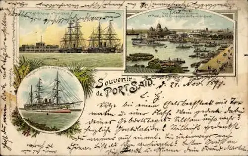 Litho Port Said Ägypten, Hafen, Segelschiff, Palais de la Compagnie du Canal de Suez