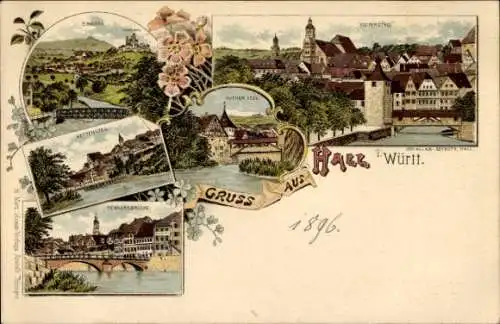 Litho Schwäbisch Hall in Württemberg, Brücke, Kettensteg, Stadtbild