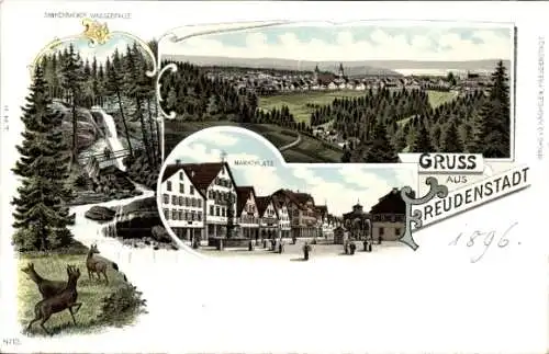 Litho Freudenstadt im Schwarzwald, Panorama, Wasserfälle, Marktplatz, Rehe