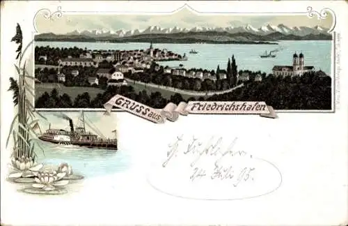 Litho Friedrichshafen am Bodensee, Panoramablick auf die Stadt, Dampfer