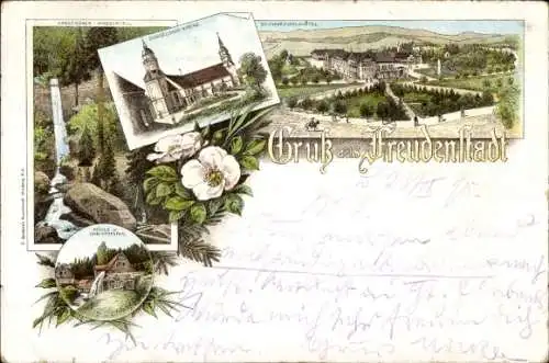 Litho Freudenstadt im Schwarzwald, Schwarzwaldhotel, Kirche, Wasserfall