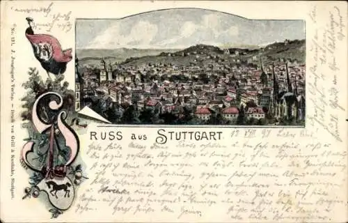 Litho Stuttgart in Württemberg, Gesamtansicht, Wappen