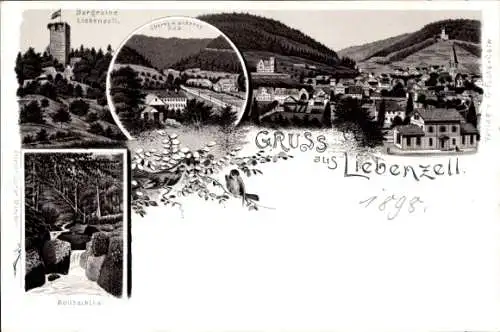 Litho Bad Liebenzell im Schwarzwald, Burgruine, oberes und unteres Bad, Kollbachtal