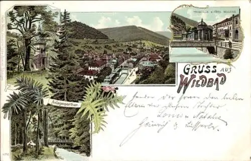 Litho Bad Wildbad im Schwarzwald, Trinkhalle, Hotel Bellevue, Anlagen, Turm, Panorama