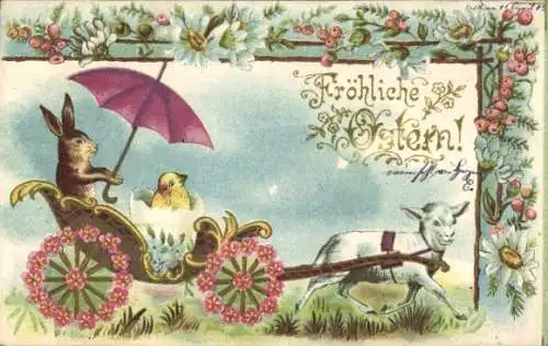 Präge Litho Frohe Ostern, Osterhase, Küken, Lamm zieht Wagen