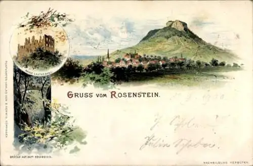 Litho Heubach im Ostalbkreis, Ruine Lauterburg, Brücke auf dem Rosenstein, Totalansicht