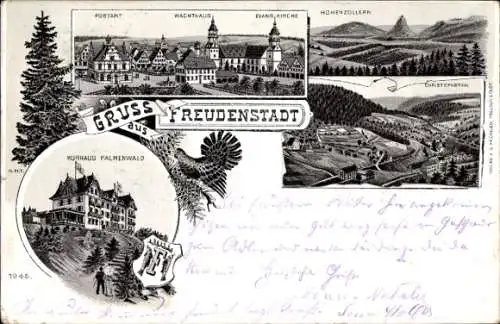 Litho Freudenstadt im Schwarzwald, Kurhaus Palmenwald, Post, Wachthaus, Kirche, Tal