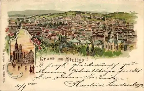 Litho Stuttgart in Württemberg, Gesamtansicht, Kirche