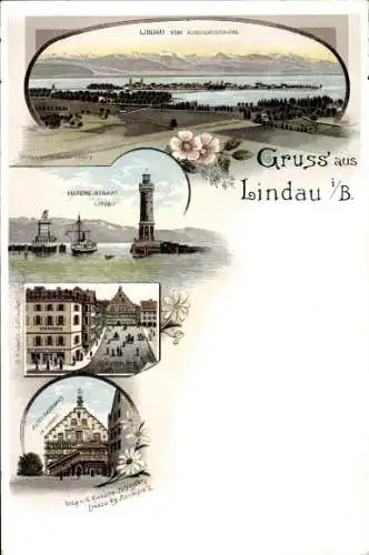 Litho Lindau am Bodensee Schwaben, Hafeneinfahrt, Reichsplatz, Altes Rathaus, Panorama