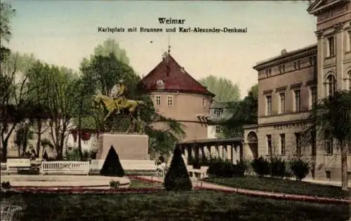 Ak Weimar in Thüringen, Karlsplatz mit Brunnen und Karl-Alexander-Denkmal