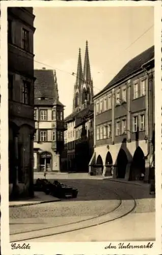 Ak Görlitz in der Lausitz, Am Untermarkt, Straßenbahnschienen, Kirche