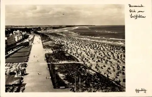 Ak Ostseebad Warnemünde Rostock, Strand, Strandkörbe, Promenade, Meerblick, Gebäude, handschri...