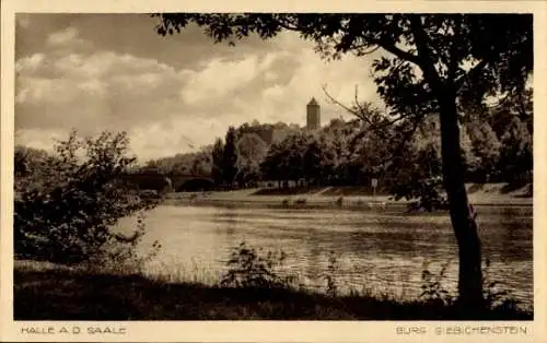 Ak Giebichenstein Halle an der Saale, Fluss, Bäume, Burg Giebichenstein, bewölkter Himmel