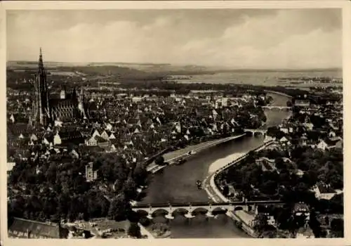 Ak Ulm an der Donau, Luftaufnahme der Stadt, Donau fließt durch, Hafengebiet, viele Brücken, U...