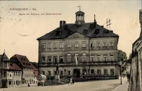 Ak Hainichen in Sachsen, Markt, Rathaus, Gellertdenkmal