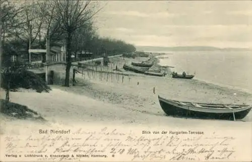 Ak Ostseebad Niendorf Timmendorfer Strand, Blick von der Kurgarten Terrasse, Ruderboote