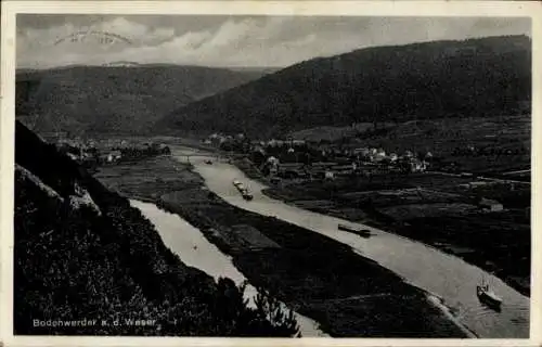 Ak Bodenwerder an der Weser, Panorama, Boote