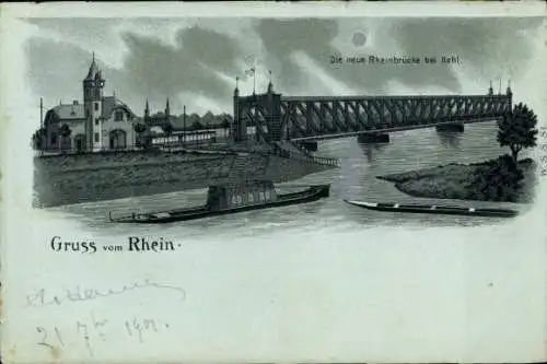 Mondschein Litho Kehl am Rhein, Neue Rheinbrücke