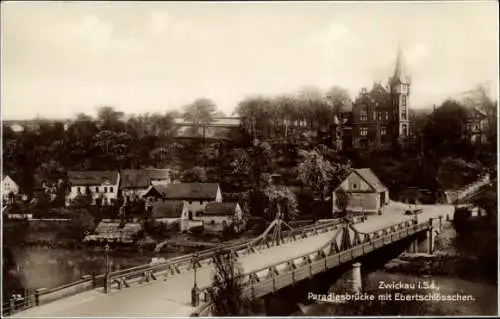 Ak Zwickau in Sachsen, Paradiesbrücke mit Ebertschlösschen