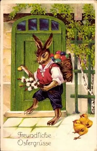 Ak Glückwunsch Ostern, Osterhase klopft an der Tür, Küken, Weidenkätzchen