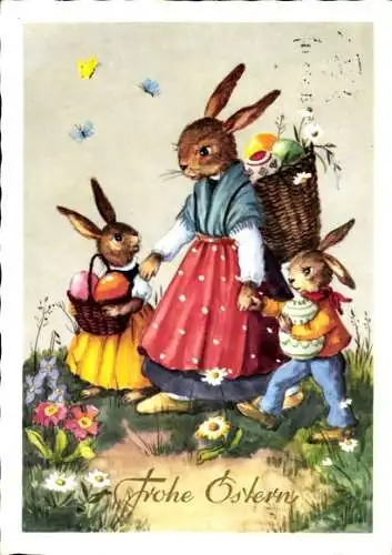 Ak Glückwunsch Ostern, Vrolijk Paasfeest, Osterhasen, Mutter mit Kindern, Ostereier, Schmetterlinge