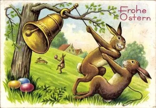 Künstler Ak Frohe Ostern, Osterhasen, Bunte Eier