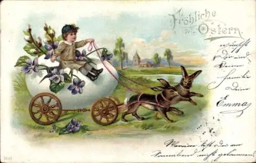 Litho Glückwunsch Ostern, Hasen ziehen eine Eierkutsche, Weidenkätzchen, Veilchen